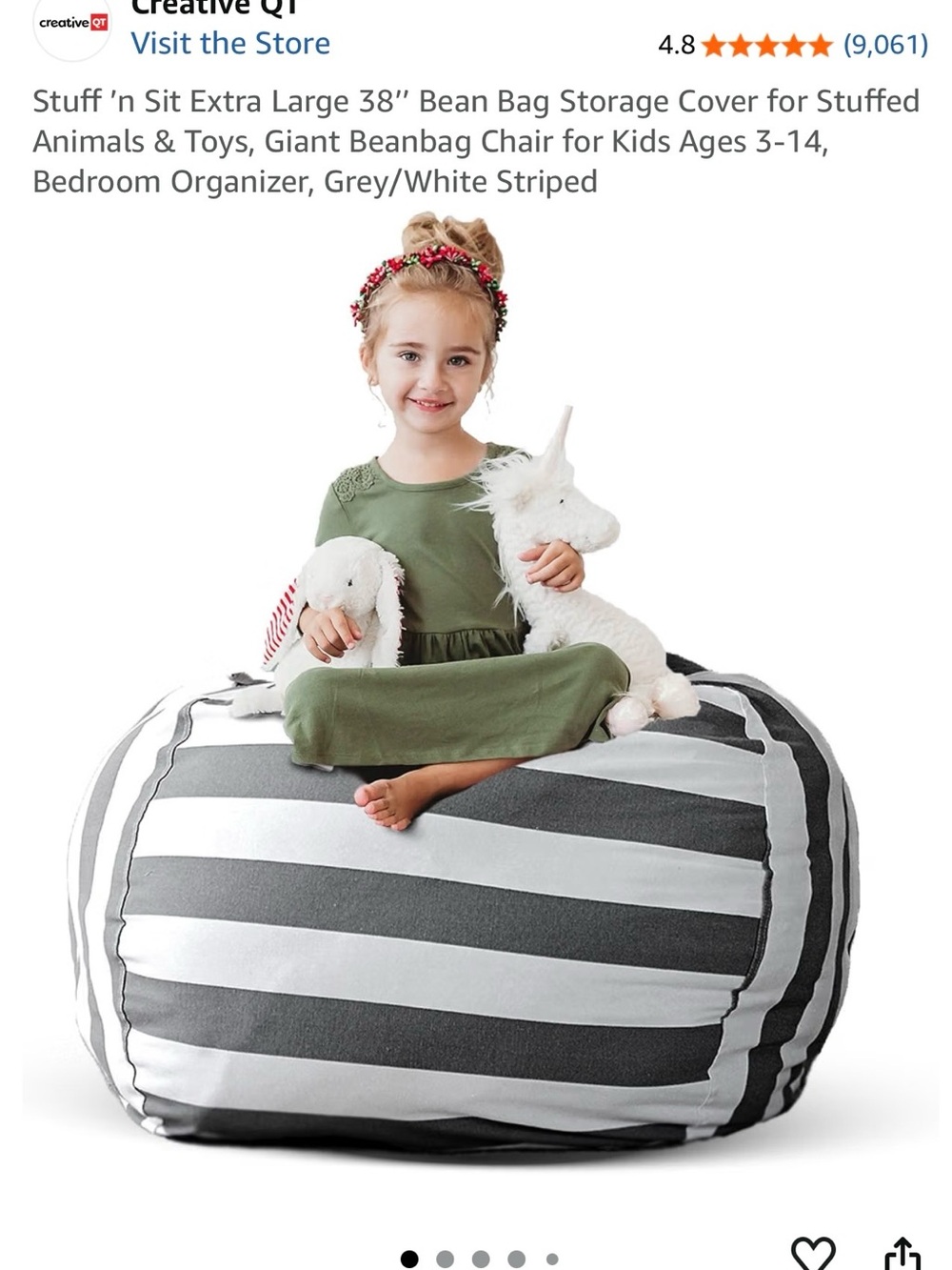 XL Bean Bag Storage for Stuffed Animals Grey & White Stripes